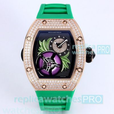 Replica Richard Mille RM 19 Tourbillon Fleur Rose Gold Bezel Watch Green Rubber Strap